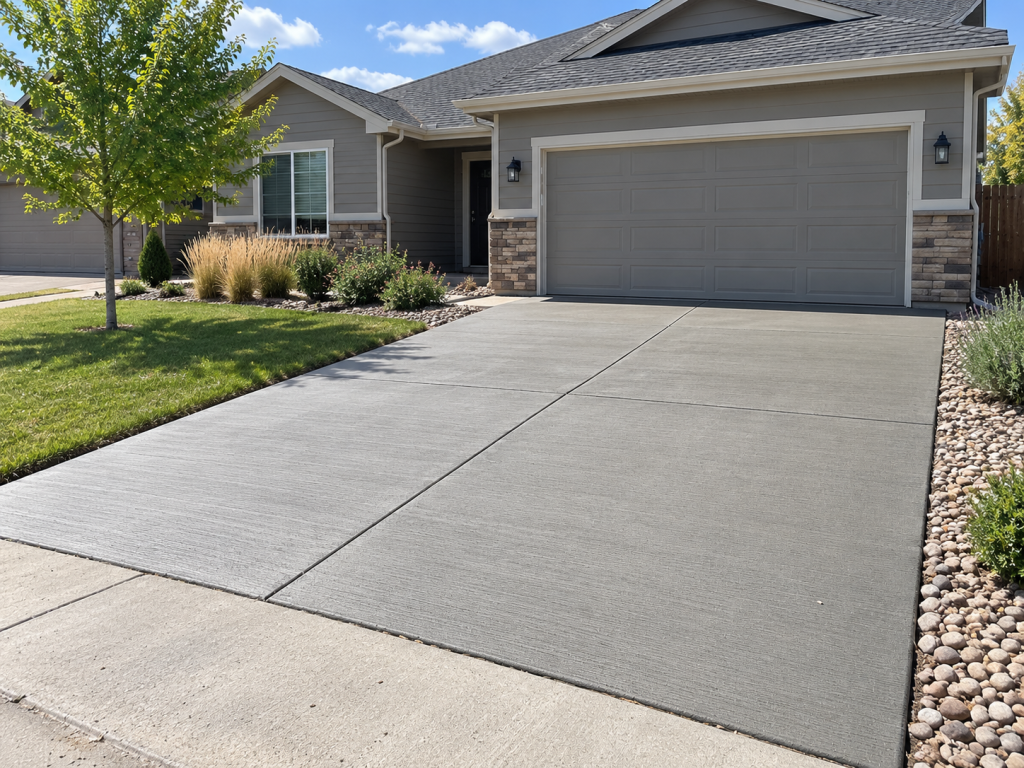 Broom-finish concrete driveway with a light textured surface at a Northern Colorado home
