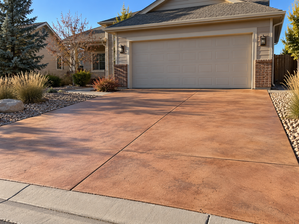 Colored concrete driveway in a warm earth-tone shade matching a Northern Colorado home