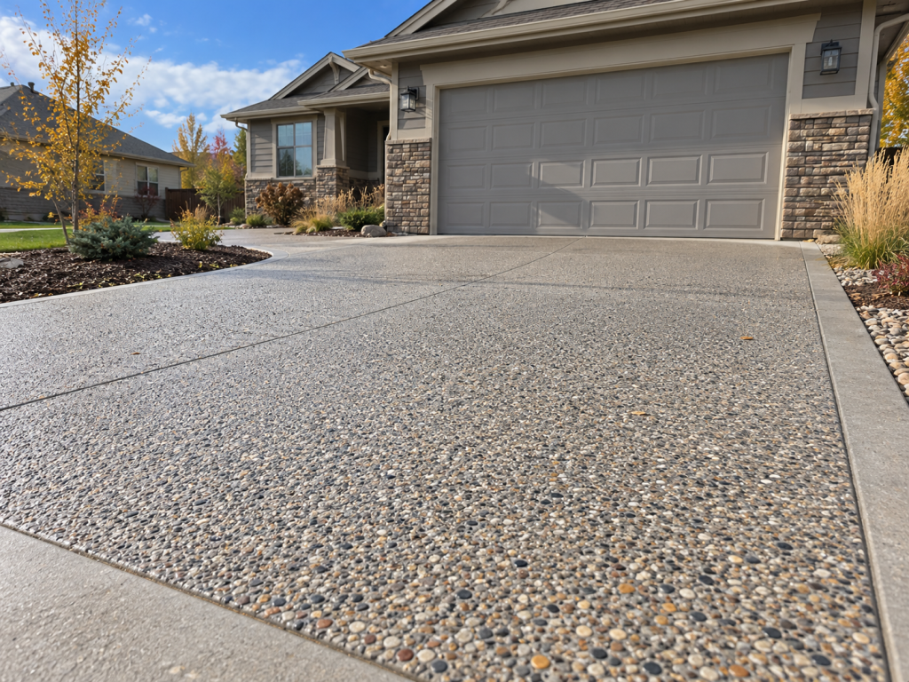 Exposed aggregate concrete driveway with a pebbled, slip-resistant stone finish in Colorado
