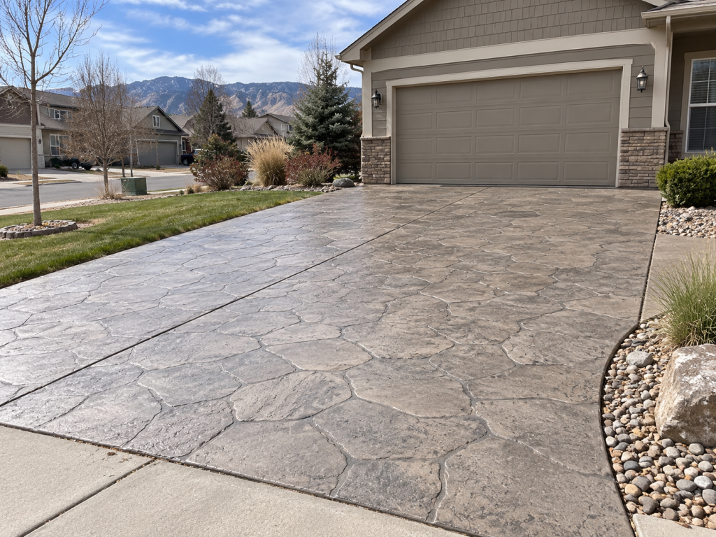 Stamped concrete driveway mimicking natural stone at a Loveland home