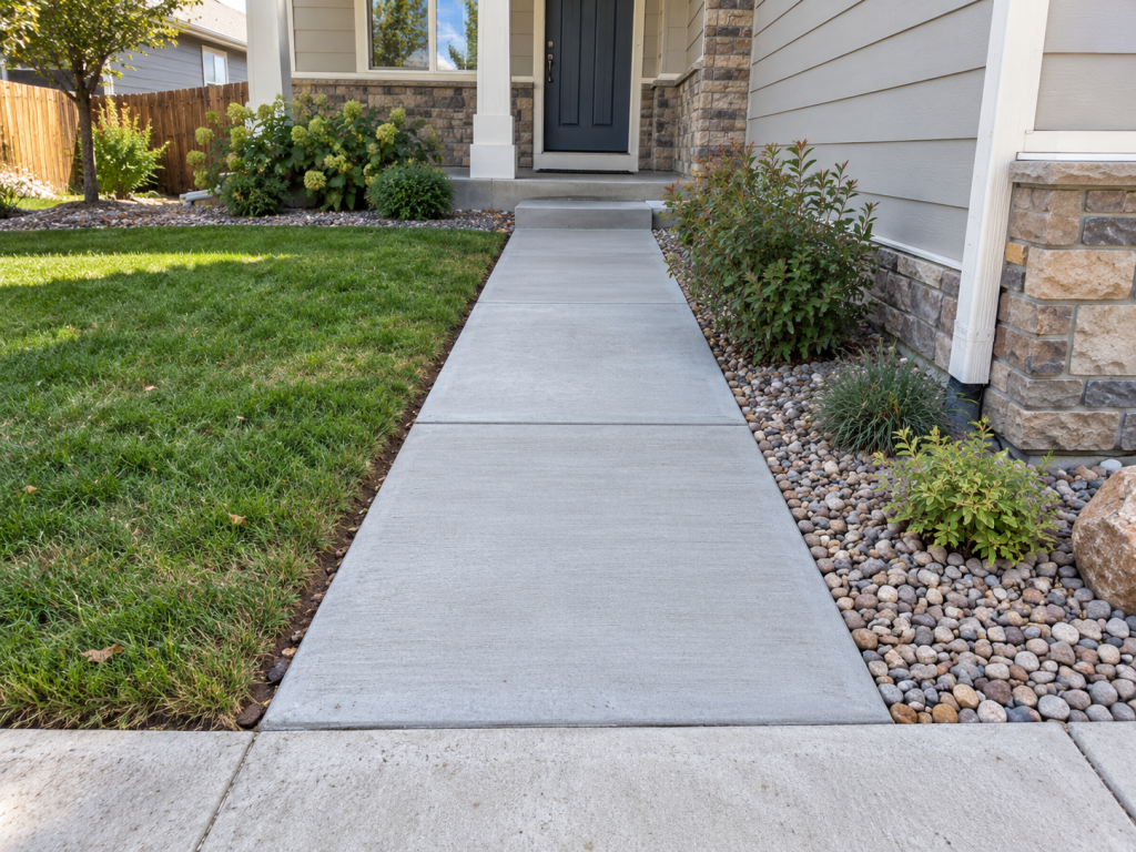 Straight concrete walkway running from driveway to front door at a Colorado home